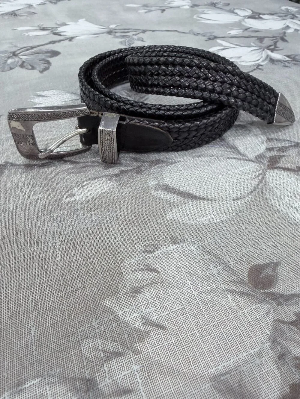 Torino Leather Co. Black Woven Braided Leather Belt Size L 42 Engraved Buckle